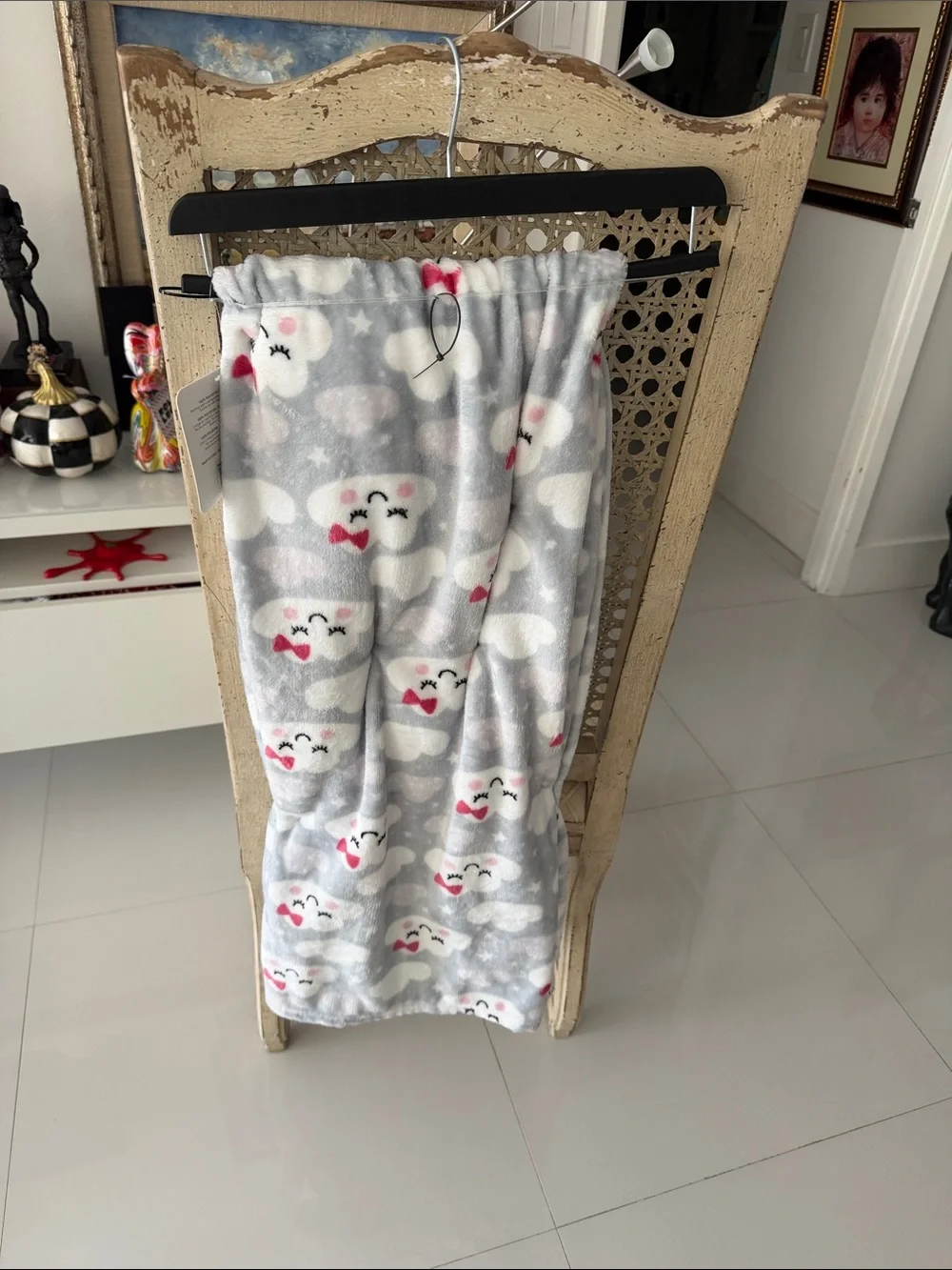 Bow Clouds Plush Gray with White Cloud & Pink Bow Pattern  Throw Blanket